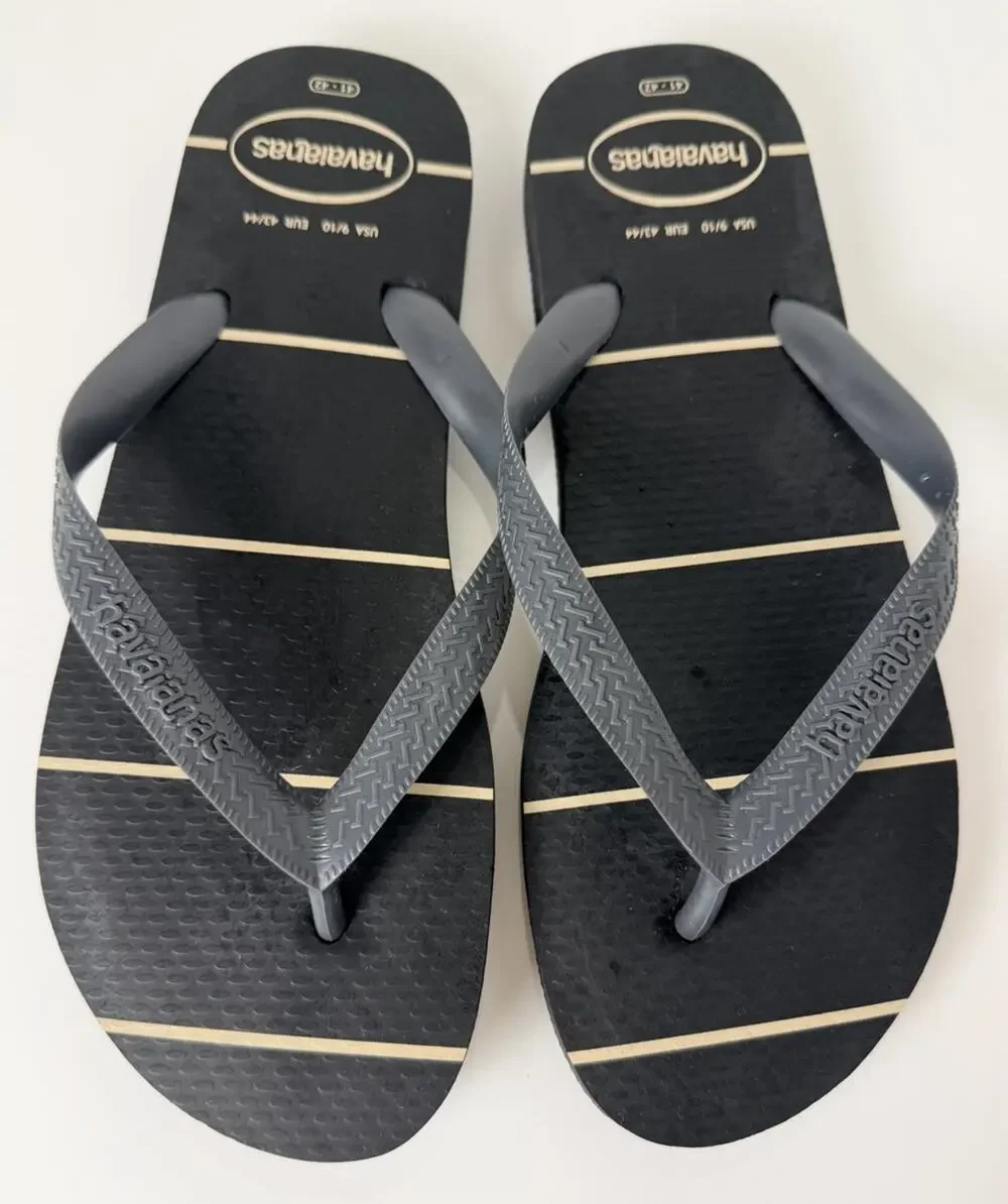 HAVAIANAS Mens Top Basic Print Flip Flops Black White Stripes US Sz 11/12